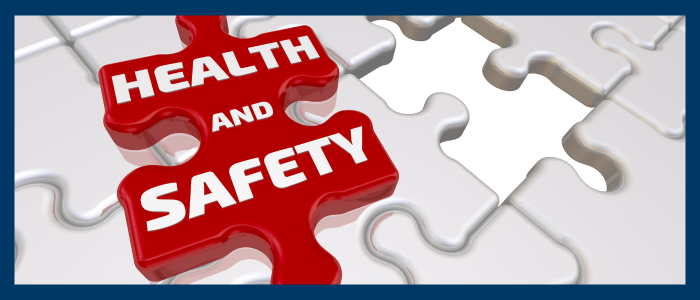 Decorative purposes only - jigsaw piece in red that reads Health and Safety