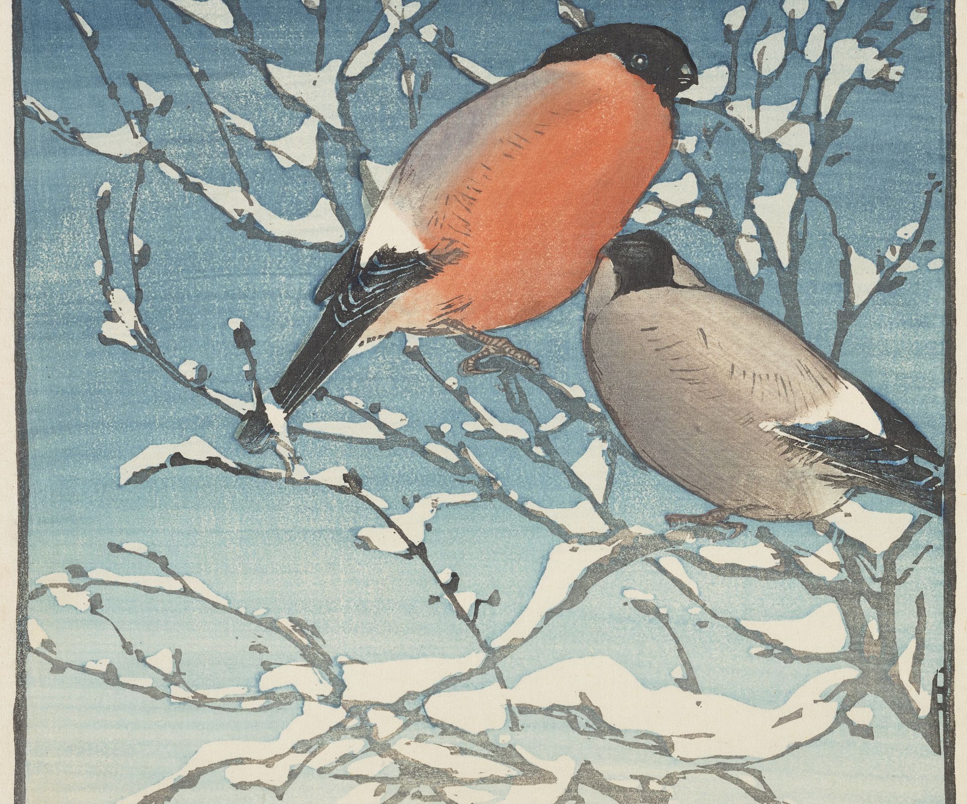 a painting of two bullfinches in a wintery tree