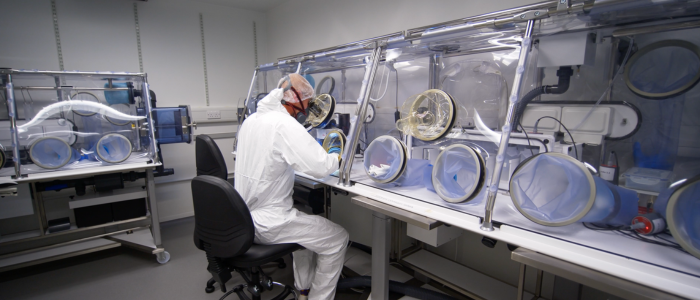 Person wearing full PPE using a large glove box and wearing a ventilator. 