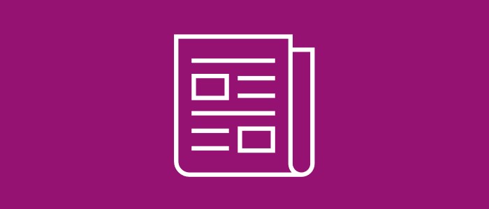 White icon on pink background depicting a newspaper