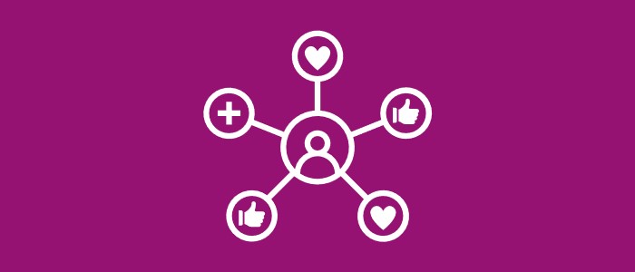 White icon on pink background depicting social media reactions