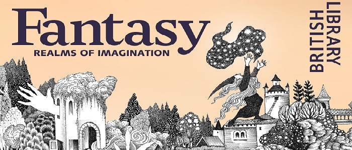 A photo featuring hand drawn images of fantasy figures like a wizard for the Fantasy: Realms of Imagination exhibition at the British Library 