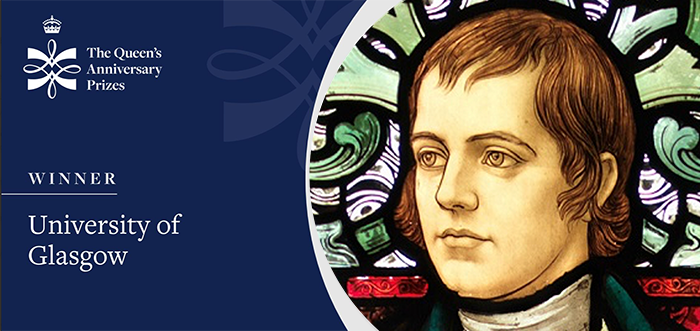 An image of the Queen's Anniversary Prize 2023 winner - The Centre for Robert Burns Studies which features a stained glass image of the poet Robert Burns 