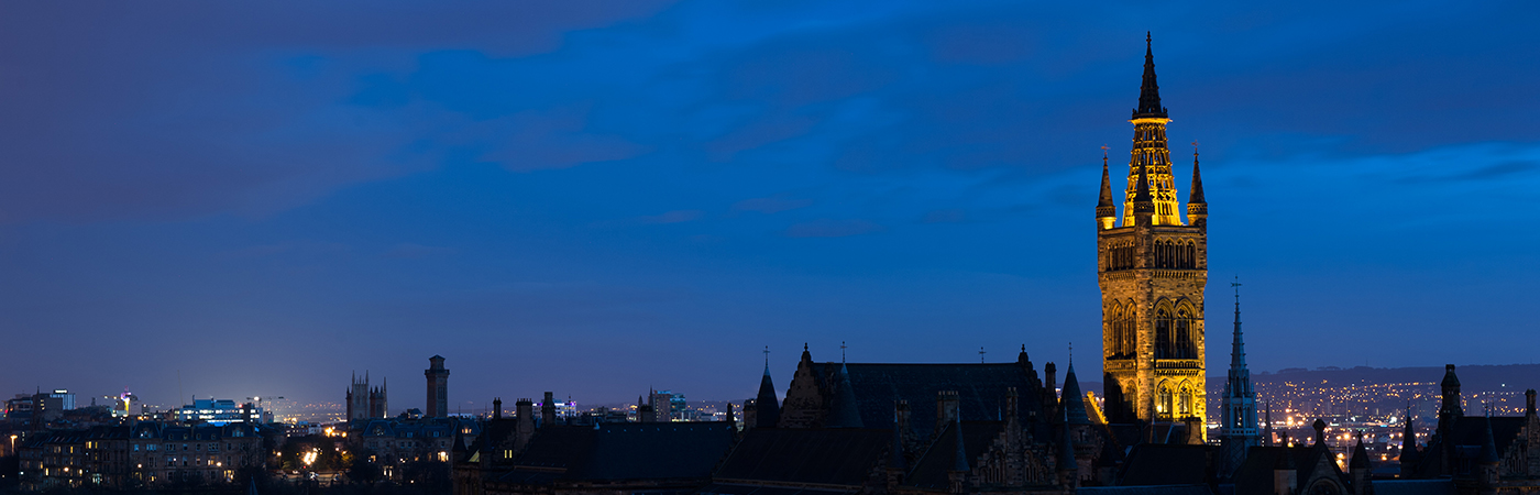 The University of Glasgow Gilbert Scott Building in the evening