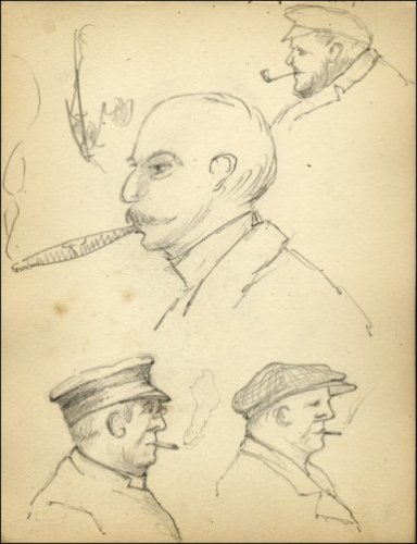 Pencil sketches of four men smoking.  (GUAS Ref: UGC 195/1/9. Copyright reserved.) 