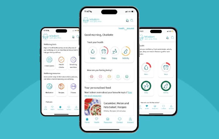 3 smartphone screens displaying different parts of the wisdom app