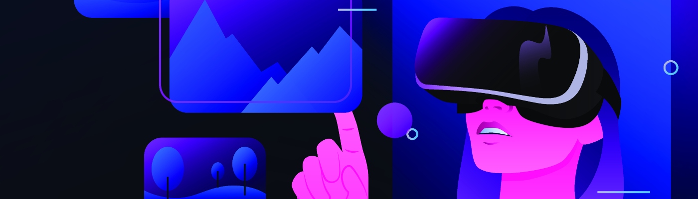 An illustration of a girl with a virtual reality headset touching a floating screen