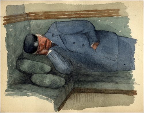 Coloured sketch of a man asleep on a couch in the smoking room of the 'SS Skerryvore'.  (GUAS Ref UGC 195/1/29.  Copyright reserved.)
