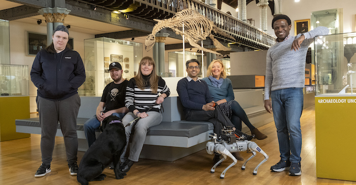(l-r) Georgea Strachan, Kyle Somerville and Laura Cluxton and her dog Sadie, all from the Forth Valley Sensory Centre, Dr Wasim Ahmad of the University of Glasgow’s James Watt School of Engineering, Jacquie Winning MBE of the Forth Valley Sensory Centre and Dr Olaoluwa Popoola of the of the University of Glasgow’s James Watt School of Engineering. 