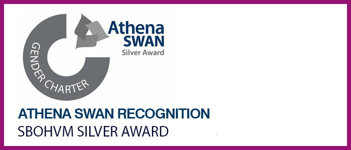 Image of the Athena Swan Silver Award logo with copy SBOHVM Silver Award