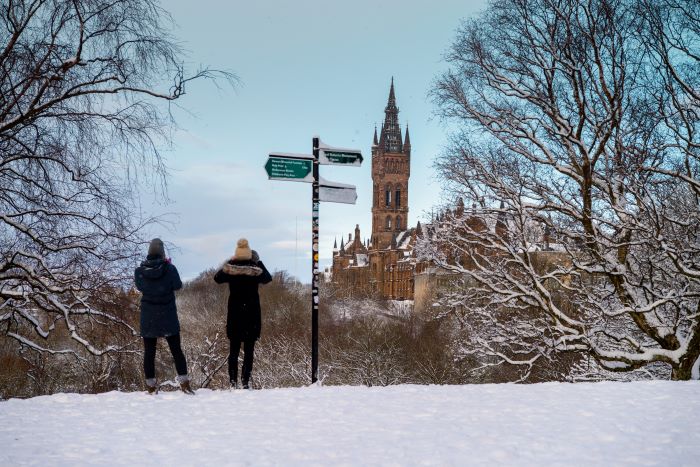 The Gilbert Scott Building, University of Glasgow - as seen in the snow from Kelvingrove Park