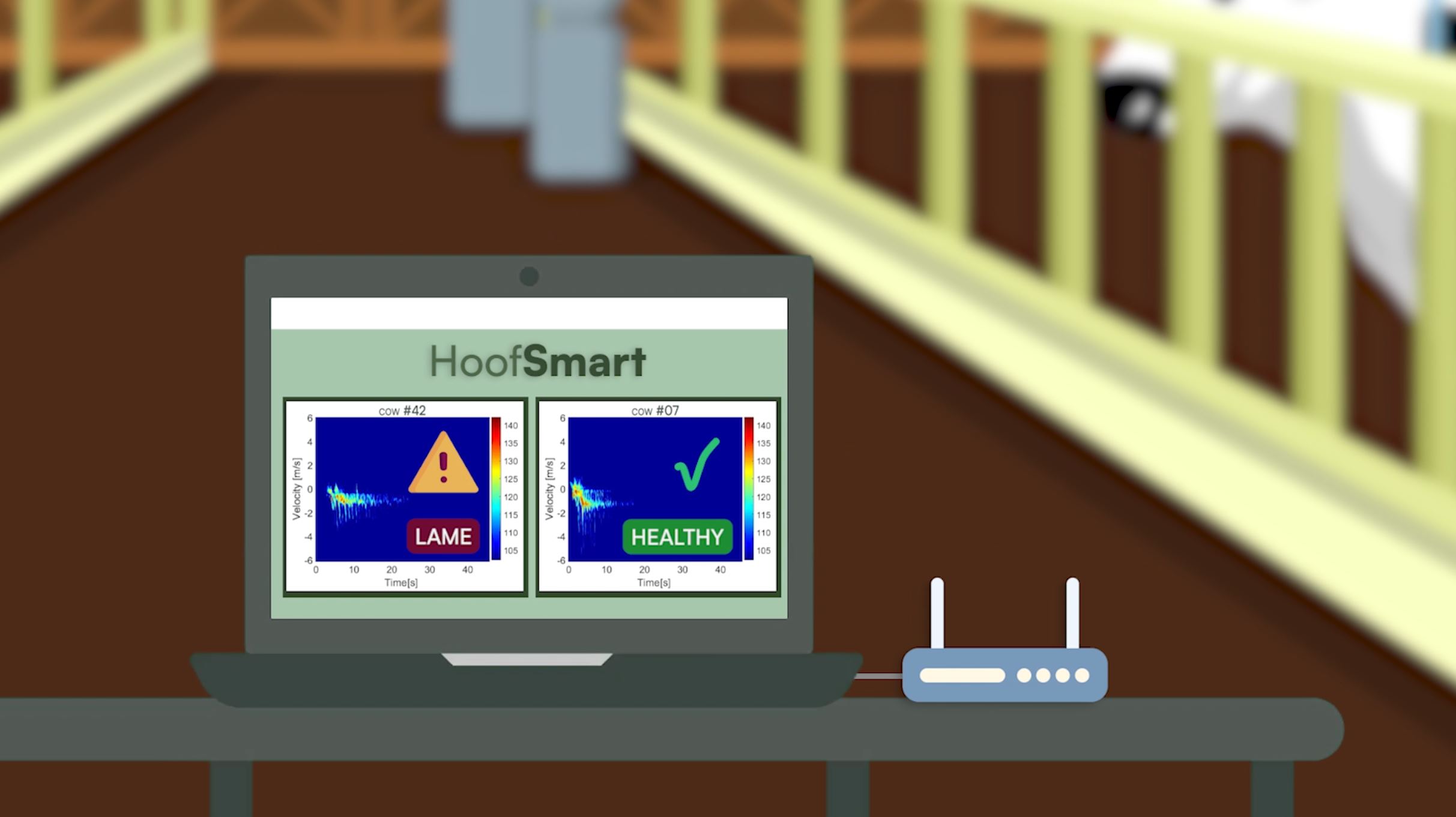 hoofsmart product for lameness detection showing the signatures for a lame and a healthy animal with a barn in the background
