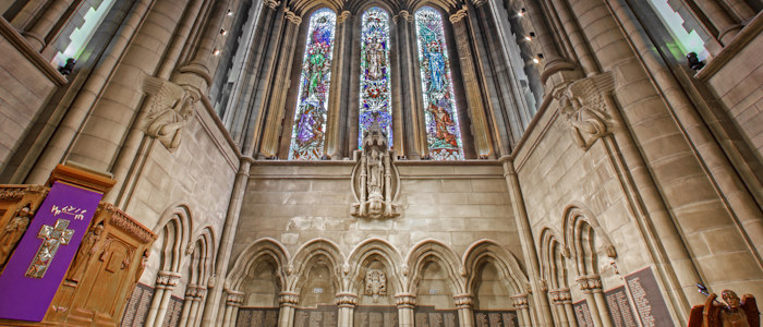 Interior shot of Memorial Chapel with stained glass window