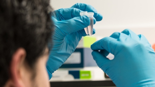 Close up of hands wearing blue surgical gloves and holding vial