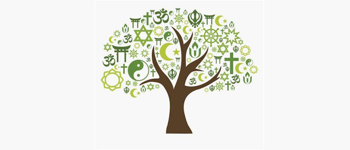 A tree with symbols representing many religions and faiths as the branches