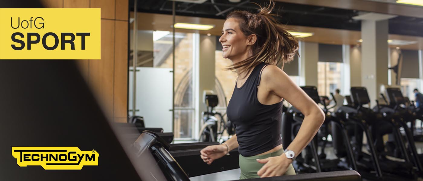 Woman running on treadmill in Pulse cardio gym at the UofG Sport Stevenson sports complex