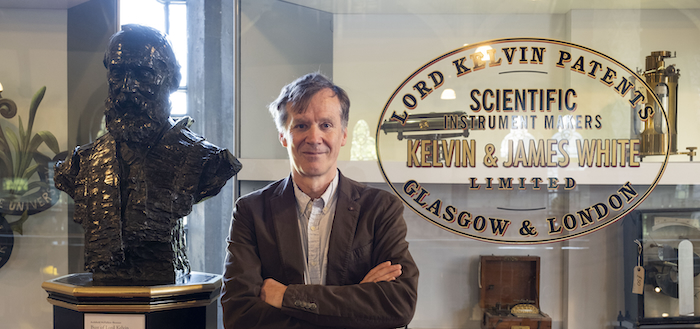 Professor Miles Padgett, Kelvin Chair of Natural Philosophy at the University of Glasgow’s School of Physics & Astronomy, visits the bust of Lord Kelvin by Archibald McFarlane Shannan on display at The Hunterian Museum in Glasgow. The University is hosting a series of public events during the month of June to celebrate the bicentenary of the birth of pioneering scientist and businessman William Thomson, better known as Lord Kelvin, on June 26th 2024.