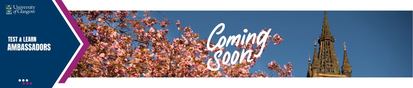 Test & Learn Banner with UofG Tower and Pink Cherry Blossoms