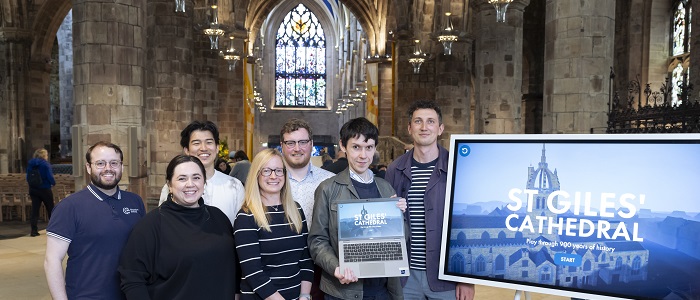 Left to right Matthew Leeper PhD, Managing Director and Co-founder Education Evolved; Rachel Porteous, Research Assistant at the University of Glasgow’s Games and Gaming Lab; Sumeet Gurung, Co-founder and Lead Developer, Education Evolved; Louise Arnold, Business Engagement Executive, Interface; James Macivor - 3D Modeller, Education Evolved; Dr Timothy Peacock, Historian and Director of University of Glasgow Games and Gaming Lab; and Stephen Preston, Deputy Head of Heritage and Culture at St Giles’ Cathedral. The group are part of the team who created a new historical game for St Giles’ Cathedral’s 900th anniversary.