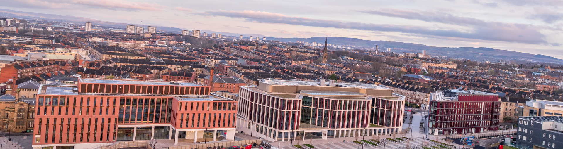 Drone image of Adam Smith Business School PG Hub, Mazumdar-Shaw ARC Building and Clarice Pears Building