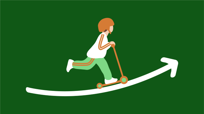 An illustration of a boy on scooter. He is scooting up an slightly upturned arrow