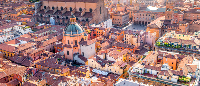 Aerial view of the old city area of Bologna
