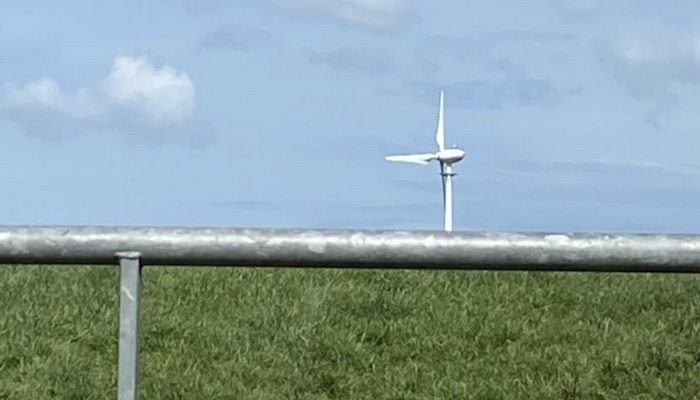 A wind turbine in a field beyond a metal gate, seen against a blue sky