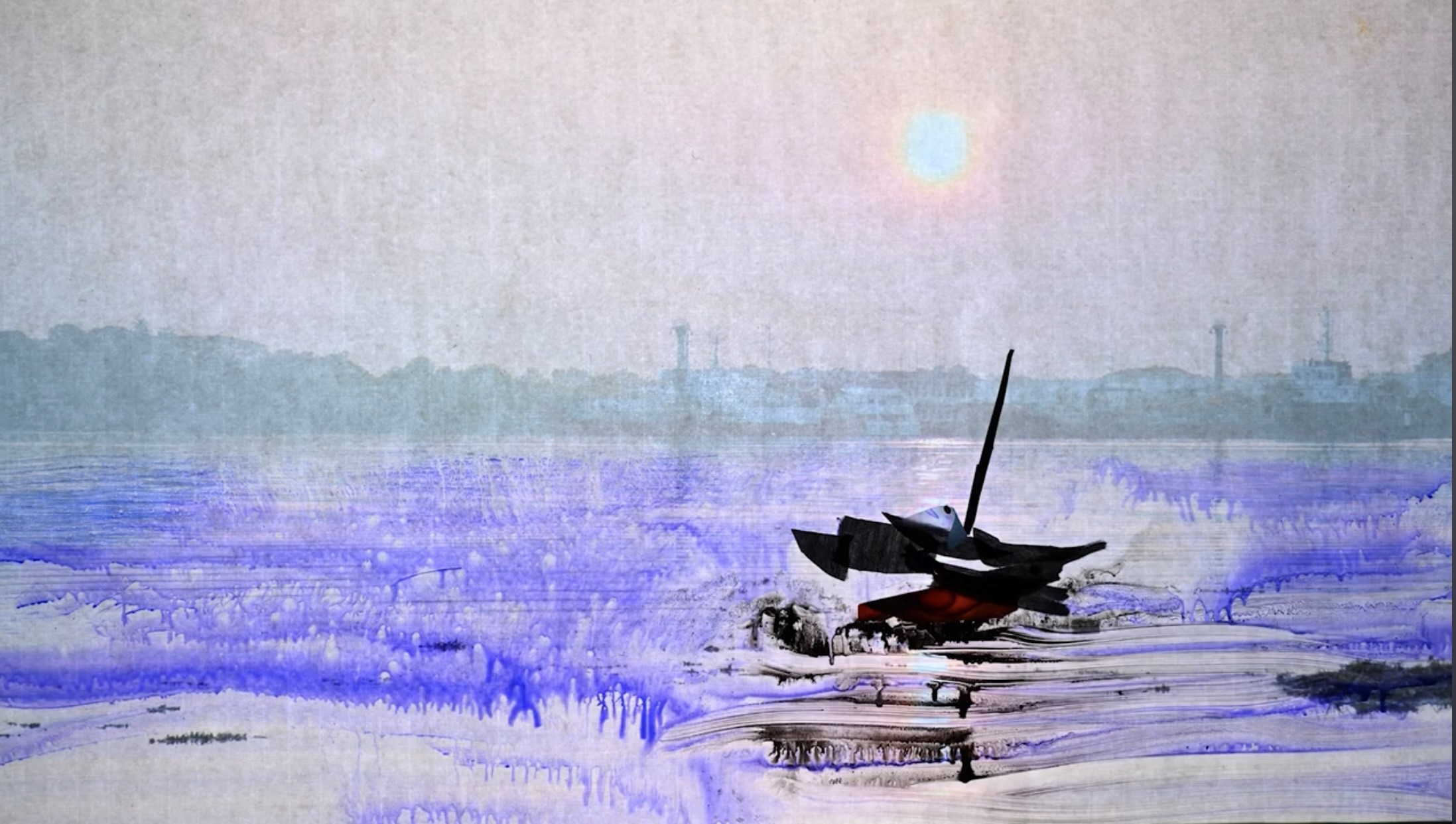 A sailing boat in the early morning leaving the harbour