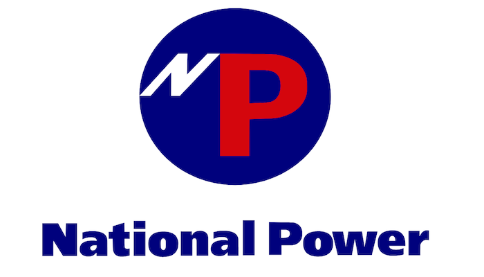 Logo of with a blue circle on a white background, underneath which is 'National Power' in blue.. Inside the circle wihich are 2 capital letters - a small white N at the top on the left and a larger red P in the centre and right.