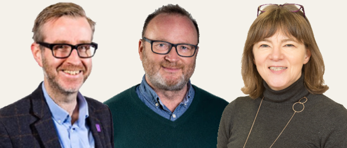 Robert Gray, Mike Barrett and Julia Edgar head and shoulders profile shots against a cream background