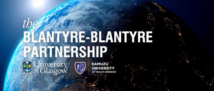 Earth viewed from space with an overlay of the words 'The Blantyre-Blantyre partnership' and the University of Glasgow logo next to the Kamuzu University of Health Sciences logo