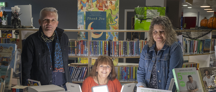 Professor Hayden Lorimer of the University of Edinburgh, Wintering Well box user Claire Charlwood, and Professor Hester Parr of the University of Glasgow are pictured in Kirkintilloch’s William Patrick library