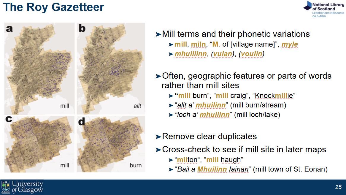 Slide from a presentation explaining analysis of place names from maps