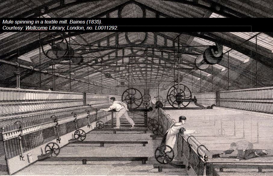An early factory floor with cotton spinning machines run by a woman and a man