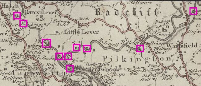 An old map with waterwheel symbols scattered across the map, highlighted in pink boxes