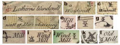 Various symbols used to depict a windmill on maps