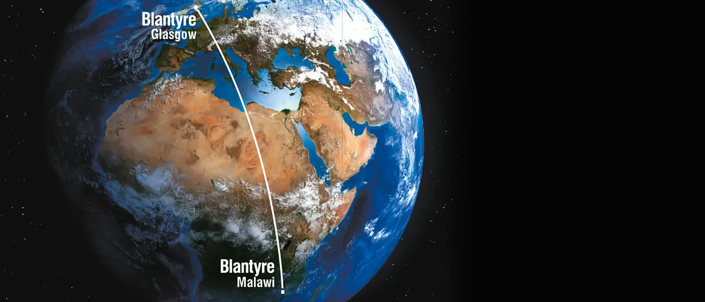 Globe showing Blantyre, Glasgow and Blantyre, Malawi