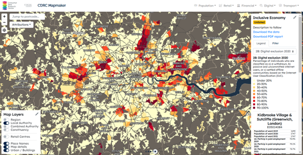 A screenshot of the SIPHER Inclusive Economy (Ward Level) interactive web visualisation tool showing Greater London Digital Exclusion.as coloured areas