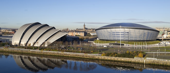 Landscape image with the SEC Armadillo and Hydro behind the river Clyde with the University tower in the background. Image for illustrative purposes to show life in Glasgow.