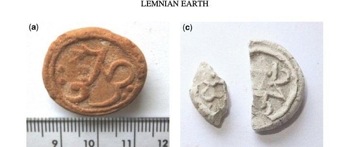 Collection of Lemnian earths (sphragides) from the collection of Basel University Museum of Pharmacy ( 16th-18th c) (a)	Lemnian sphragis (red). MA no. 01422/44. (b) Lemnian sphragis (grey). MA no. 01424. (c) Lemnian sphragis (white). MA no. 01432.