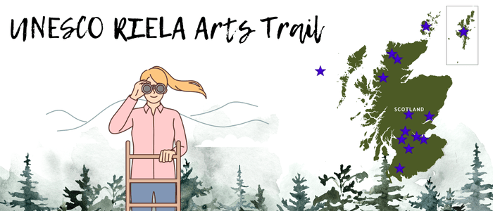 UNESCO RIELA Arts Trail banner featuring map of Scotland with UNESCO sites marked and a cartoon woman stood on a ladder looking through binoculars across a forest