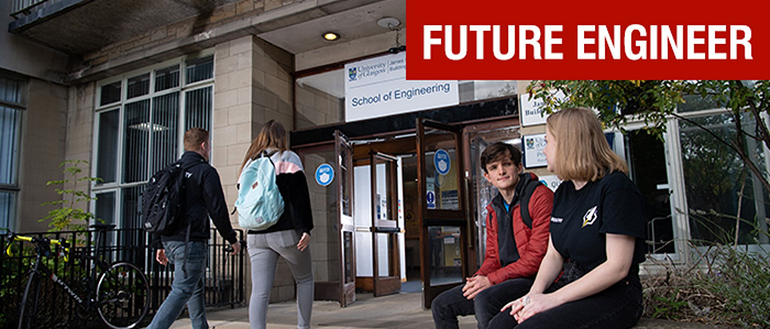Students sitting and walking outside James Watt South building