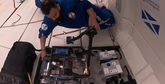 Dr Gilles Bailet in microgravity aboard the 'vomit comet'