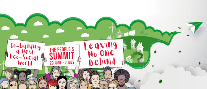 Banner for Co-building a New Eco-social World: Leaving No One Behind. The Peoples Summit 29 June - 2 July
