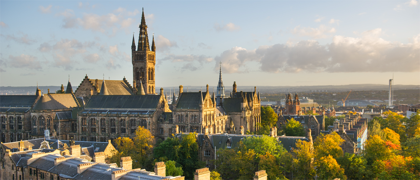 The University of Glasgow pictured at sunset looking across Glasgow to the South