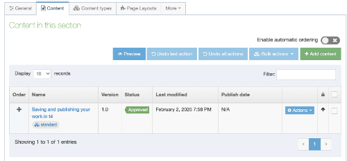 General panel showing content status as approved.