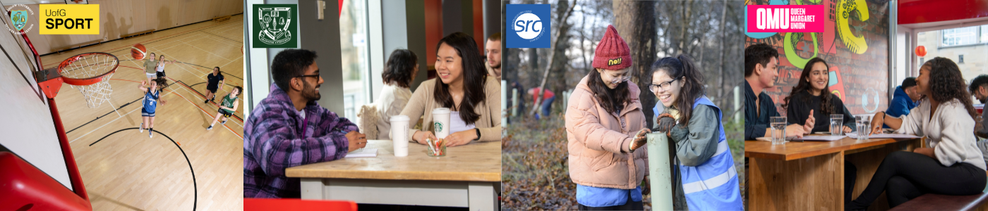 Four images next to each other 1. someone shooting a basketball, 2. Two people in a cafe, 3. Two people in the woods planting trees 4. three people sitting around a table in a restaurant