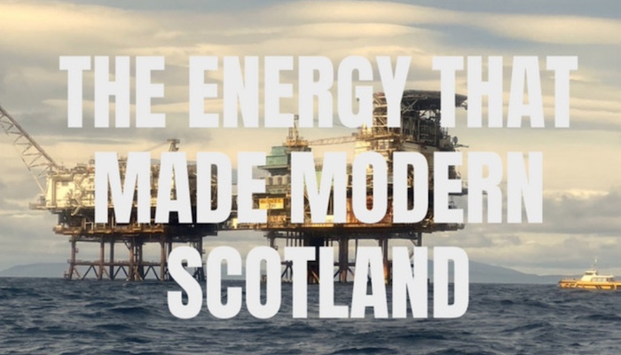 An oilrig standing in the waves of the sea against a sunset and cloudy skies, overlaid with the text 'The Energy that Made Modern Scotland'