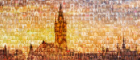 Silhouette of the Gilbert Scott Tower, the photo is made up of photos of women from across UofG