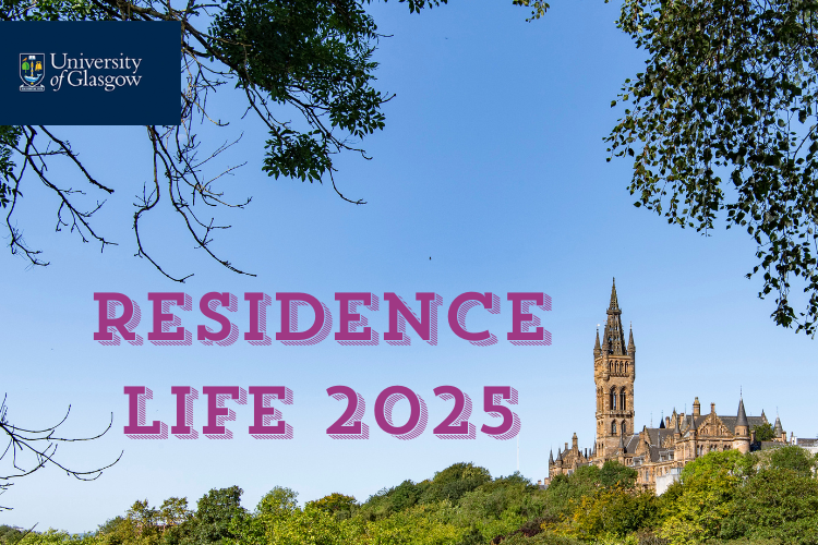 Image with the University clock tower against a bright blue sky and green trees in the foreground. Purple text reading